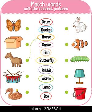 Match words with the correct pictures game for kids illustration Stock Vector