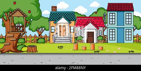 Outdoor scene with front of many houses along the road illustration ...