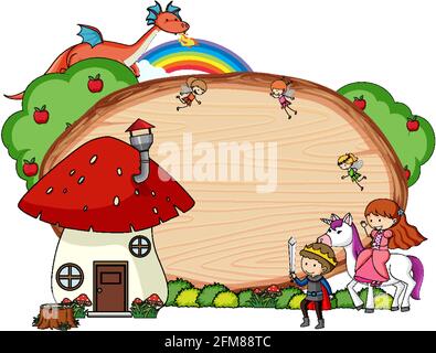 Empty wooden banner with fairy tale cartoon character and elements isolated illustration Stock Vector