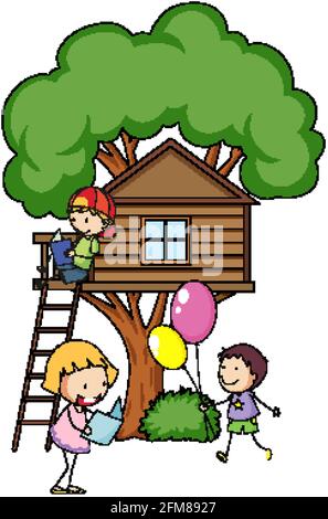 Tree house with many kids doing different activities illustration Stock Vector