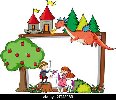 Empty wooden banner with fairy tale cartoon character and elements ...