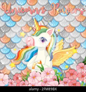 Cute unicorn on rainbow fish scales background illustration Stock Vector