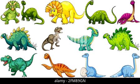 Different dinosaurs cartoon character and fantasy dragons isolated illustration Stock Vector