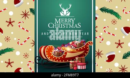 Merry Christmas and happy New Year, beautiful postcard with green vertical ribbon, Christmas texture on background and Santa Sleigh with presents Stock Photo