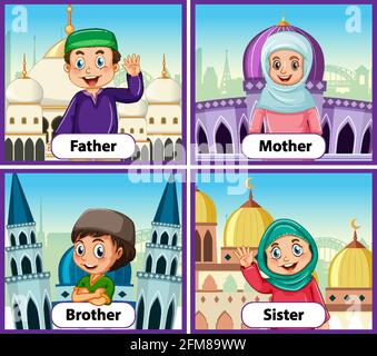 Educational English word card of muslim family members illustration Stock Vector