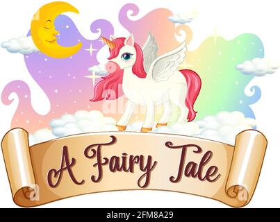 A Fairy Tale font with unicorn cartoon character standing on a cloud illustration Stock Vector