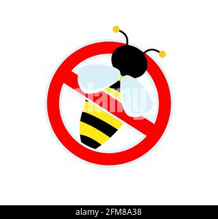 Stop sign, watch out for bees or wasp. Red sign no honey. Cartoon honeybee or wasp. Vector illustration isolated on white background. Stock Vector