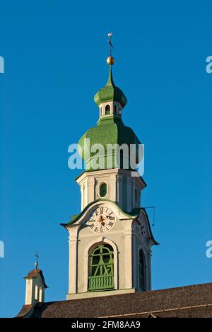 Top of the bell tower of San Giovanni Battista parish church in Dobbiaco (Toblach),  Pusteria Valley, Trentino-Alto Adige, Italy Stock Photo