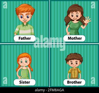 Educational English word card of family members illustration Stock Vector