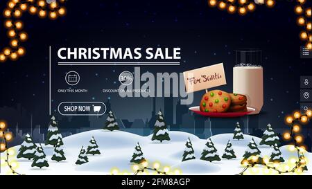 Christmas sale, up to 30 off, blue discount banner for website with button. garland, cookies with a glass of milk for Santa Claus and cartoon night la Stock Photo