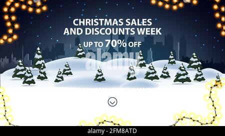 Christmas sales and discounts week, up to 70 off, discount banner for website with night cartoon winter landscape on the background Stock Photo