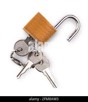 Opened padlock and keys isolated on white background Stock Photo