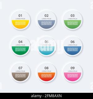 Infographics circle button with 9 data template. Vector illustration abstract background. Can be used for workflow layout, business step, banner, web Stock Vector