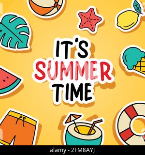 It's summer time background. Summer banner colorful tropical elements design. Stock Vector