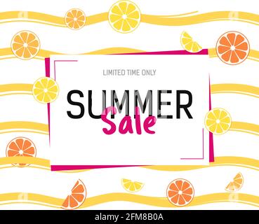 Bright Sale banner, template design with summer fruit. Text Summer Sale. yellow waves on white background.  Vector promo illustration isolated. Stock Vector