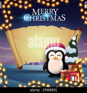 Merry Christmas, greeting postcard with penguin in Santa Claus hat with presents, old parchment for your text and beautiful winter landscape on the ba Stock Photo