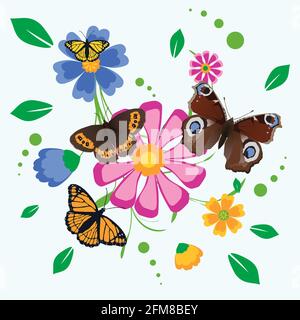 A bouquet of colorful flowers and leafs with different butterflies. Stock Vector