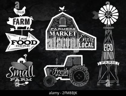 Farm characters in vintage style lettering in tractor barn and the mill and the sign field stylized drawing with chalk on blackboard Stock Vector