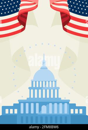 Poster with Capitol and flags. Concept art of US public holiday. Stock Vector