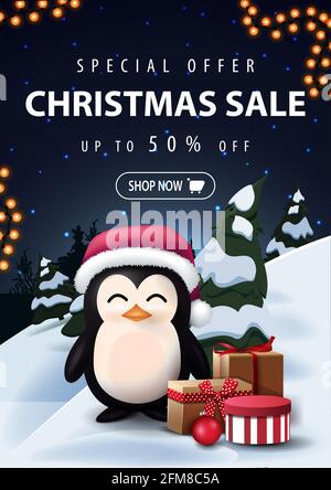 Special offer, Christmas sale, up to 50 off, beautiful discount banner with night cartoon winter landscape on background and penguin in Santa Claus ha Stock Photo
