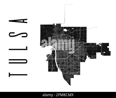 Tulsa map. Detailed vector map of Tulsa city administrative area. Cityscape poster metropolitan aria view. Black land with white streets, roads and av Stock Vector