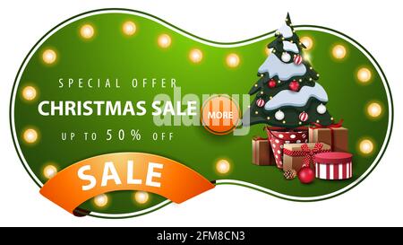 Special offer, Christmas sale, up to 50 off, green discount banner with abstract round shape, light bulbs, orange ribbon and Christmas tree in a pot w Stock Photo