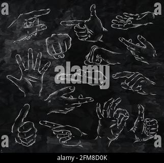 Painted hands in vintage style stylized drawing with chalk on blackboard Stock Vector