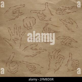 Painted hands in vintage style stylized drawing with kraft paper Stock Vector