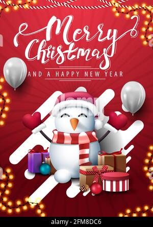 Merry Christmas and happy New Year, red vertical greeting postcard for your creativity with snowman in Santa Claus hat with gifts and white balloons Stock Photo