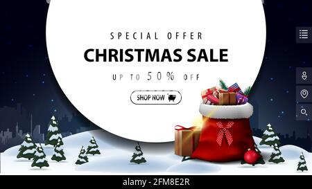 Special offer, Christmas sale, up to 50 off, discount banner for website with large circle, Santa Claus bag with presents and night winter landscape o Stock Photo