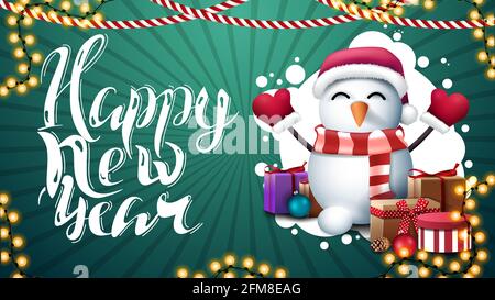 Happy New Year, green postcard with abstract cloud of white circles, beautiful lettering, garlands and snowman in Santa Claus hat with gifts Stock Photo