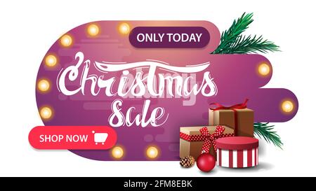 Only today, Christmas sale, pink discount banner in abstract shapes with light bulbs and presents isolated on white background Stock Photo