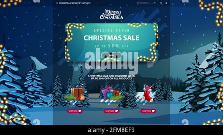 Christmas website template with discount banner, icons, winter landscape with snow-covered pines, high mountains on the horizon and blue starry sky Stock Photo