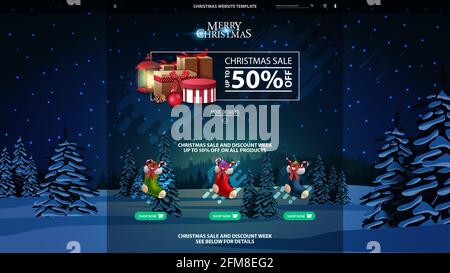 Christmas website template with discount banner, icons and night winter landscape with snow-covered pines on background Stock Photo