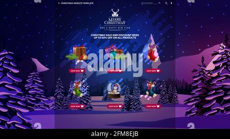 Christmas website template with night purple winter landscape with snow-covered pines, high mountains on the horizon and blue starry sky Stock Photo