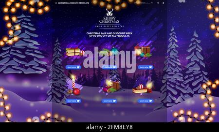 Christmas website template with goods, Christmas icons and winter landscape with snow-covered pines, snowdrifts and blue and purple starry sky Stock Photo