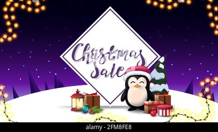 Christmas sale, discount banner with penguin in Santa Claus hat with presents, old lantern and purple winter landscape on background with starry sky, Stock Photo