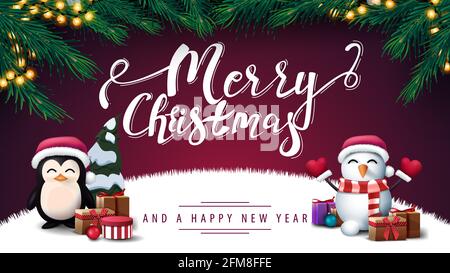 Merry Christmas and Happy New Year, purple postcard with frame of Christmas tree, garland, penguin in Santa Claus hat with presents and snowman Stock Photo