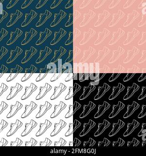 set of seamless patterns with sports sneaker and sole, running shoes. Active healthy lifestyle. Vector Stock Vector