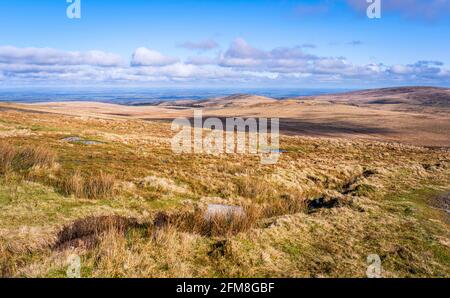 View towards Belstone Tors across the  broad valley of the East Okement River in the northern section of Dartmoor National Park, Devon, England, UK Stock Photo