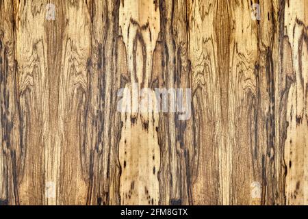 Texture of elegant contemporary Black Ofram natural veneer with abstract beige and brown patterns as background extreme closeup Stock Photo