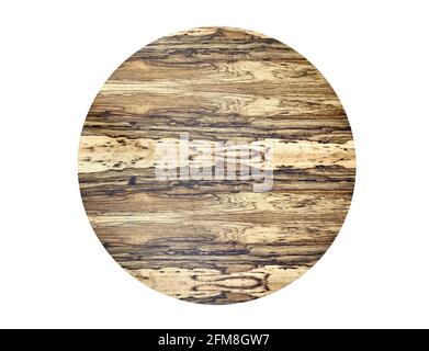 Wonderful round patterned coffee table made of plywood and Black Ofram natural veneer on white background close upper view Stock Photo