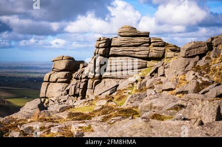 Granite outcrops displaying horizontal jointing, Higher Tor, Dartmoor National Park, Devon, England, UK Stock Photo