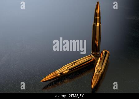 3D golden bullets for a rifle on a dark surface in a dark space Stock Photo