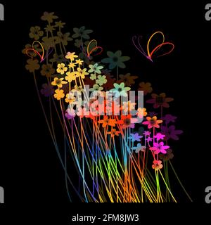 The background is a postcard with small and multicolored flowers. On a black background. Vector illustration Stock Vector
