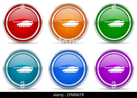 Tank, army, military, war vehicle silver metallic glossy icons, set of modern design buttons for web, internet and mobile applications in 6 colors opt Stock Photo