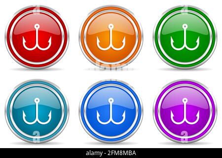 Fishing hook silver metallic glossy icons, set of modern design buttons for web, internet and mobile applications in 6 colors options isolated on whit Stock Photo