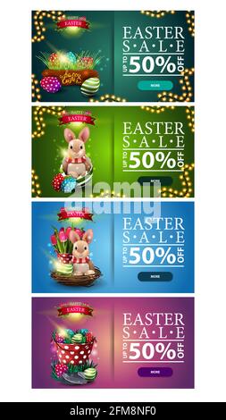 Easter sale, up to 50 off, large collection colorful horizontal discount banners with Easter eggs, bunny, buttons and frame of garlands. Green, blue a Stock Photo