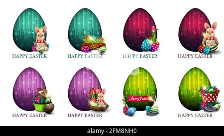 Happy Easter, large set bright colorful postcards with Easter icons, big decorative egg and copy space. Easter card in cartoon style Stock Photo