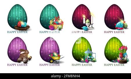 Happy Easter, large set bright colorful postcards with Easter icons, big decorative egg and copy space. Easter card in cartoon style graphics isolated Stock Photo